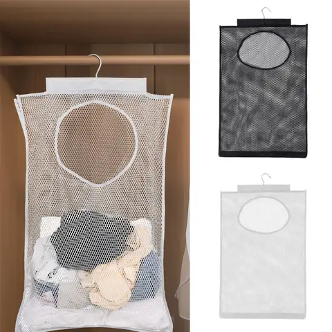 Dirty Clothes Storage Bag Basket Foldable Laundry Basket Wall Hanging Household Clothing Organizer with Hook Bathroom Mesh