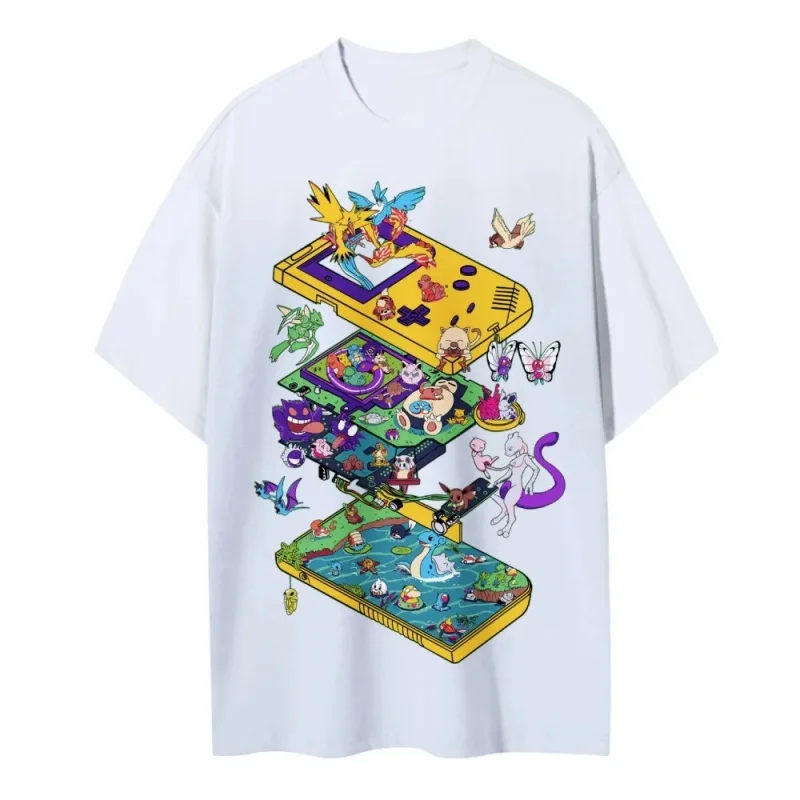 2026 Zomer Pokemon Retro Game Console Cartoon Print T-shirt, 100% katoen losse T-shirt voor koppels en gezinnen voor reizen, spelletjes en sport - afbeelding 1