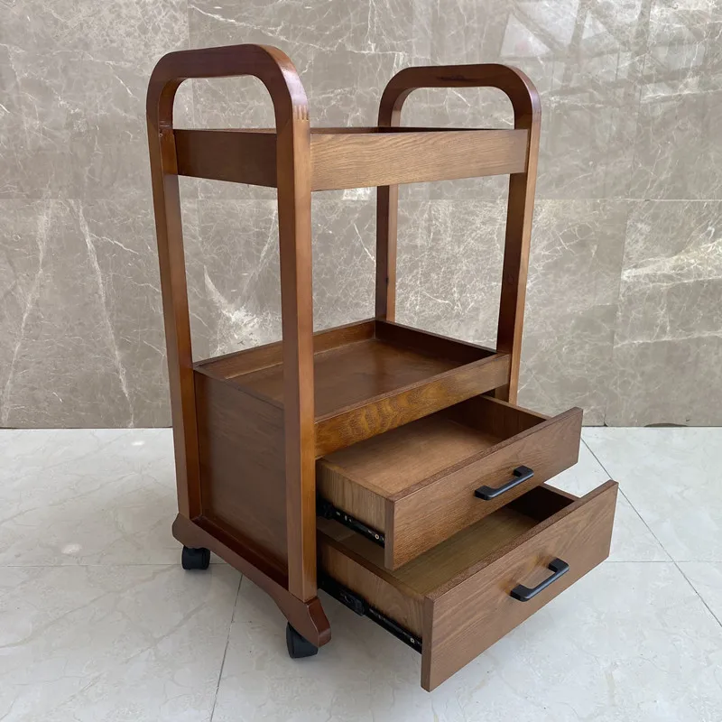 Beauty salon Solid wood manicure Hair storage trolley Double drawer Beauty bed Tool storage trolley pulley