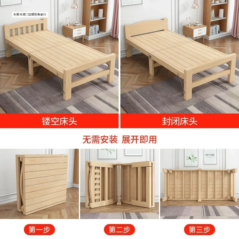 Folding bed single bed household wooden bed durable lunch small solid wood simple