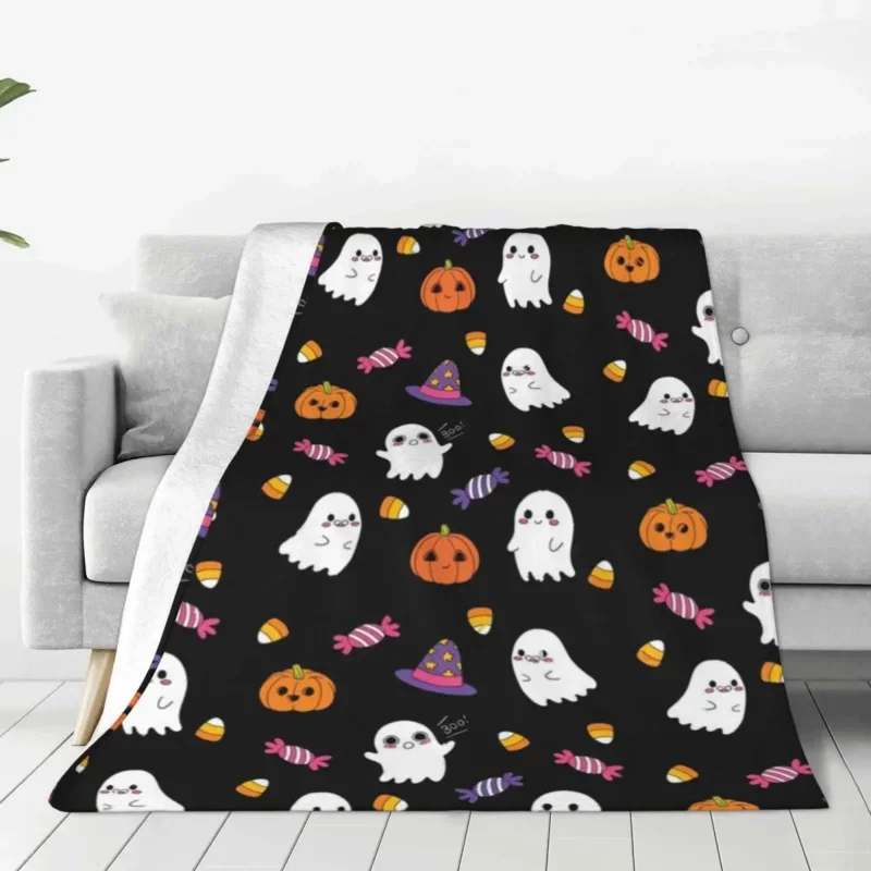 Cute Spoopy Ghosts Blankets Fleece Print Halloween Candy Thanksgiving Multifunction Soft Throw Blanket for Bed Office Bedspreads