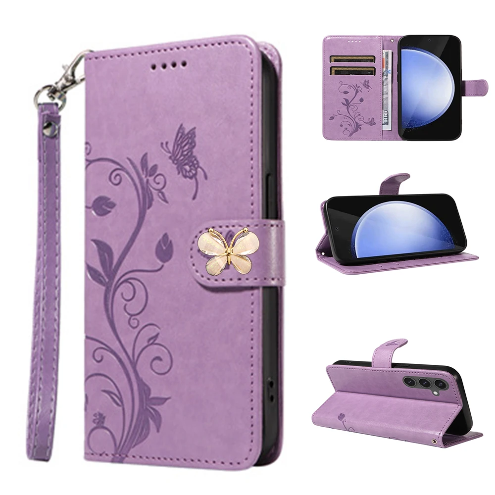 Flip Case for Samsung Galaxy Wide 7 6 5 A Quantum6 4 Buddy5 3 Jean 2 Jump 5G Butterfly Leather Lanyard 3 Cards Wallet Cover