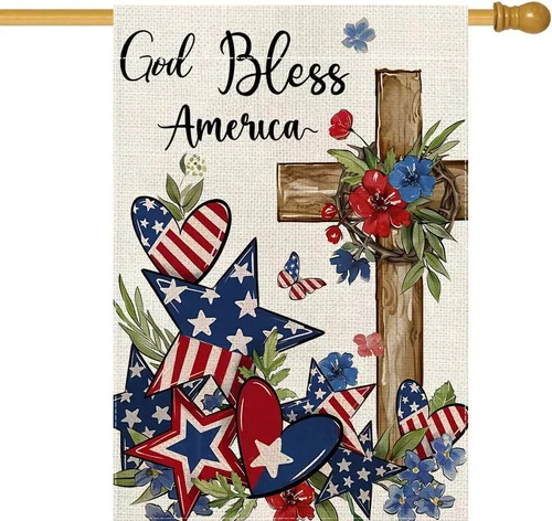 4Th of July Patriotic House Flag 28 X 40 Inch God Bless America Cross Religious 313050427445 AAV hhz