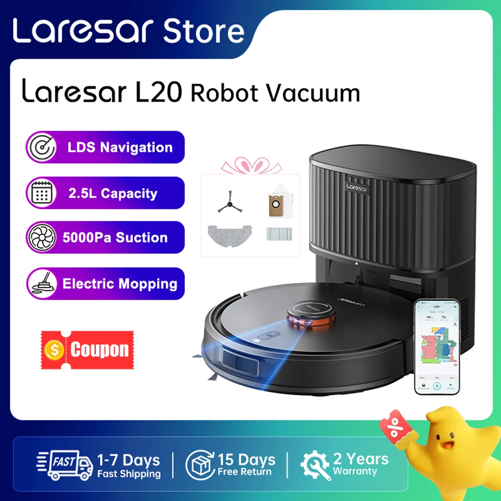 Laresar L20 Robot Aspirador con Succión de 5000Pa, Navegación LDS, Estación de Autovaciado, Control Inteligente por APP para Limpiar Suelos y Alfombras  "