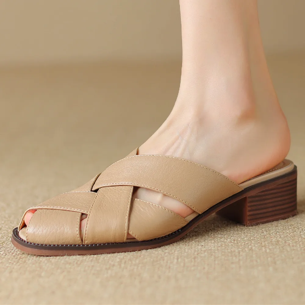 

Women's genuine leather narrow band braided slip-on flats summer mules round toe casual female sandals soft slippers shoes women