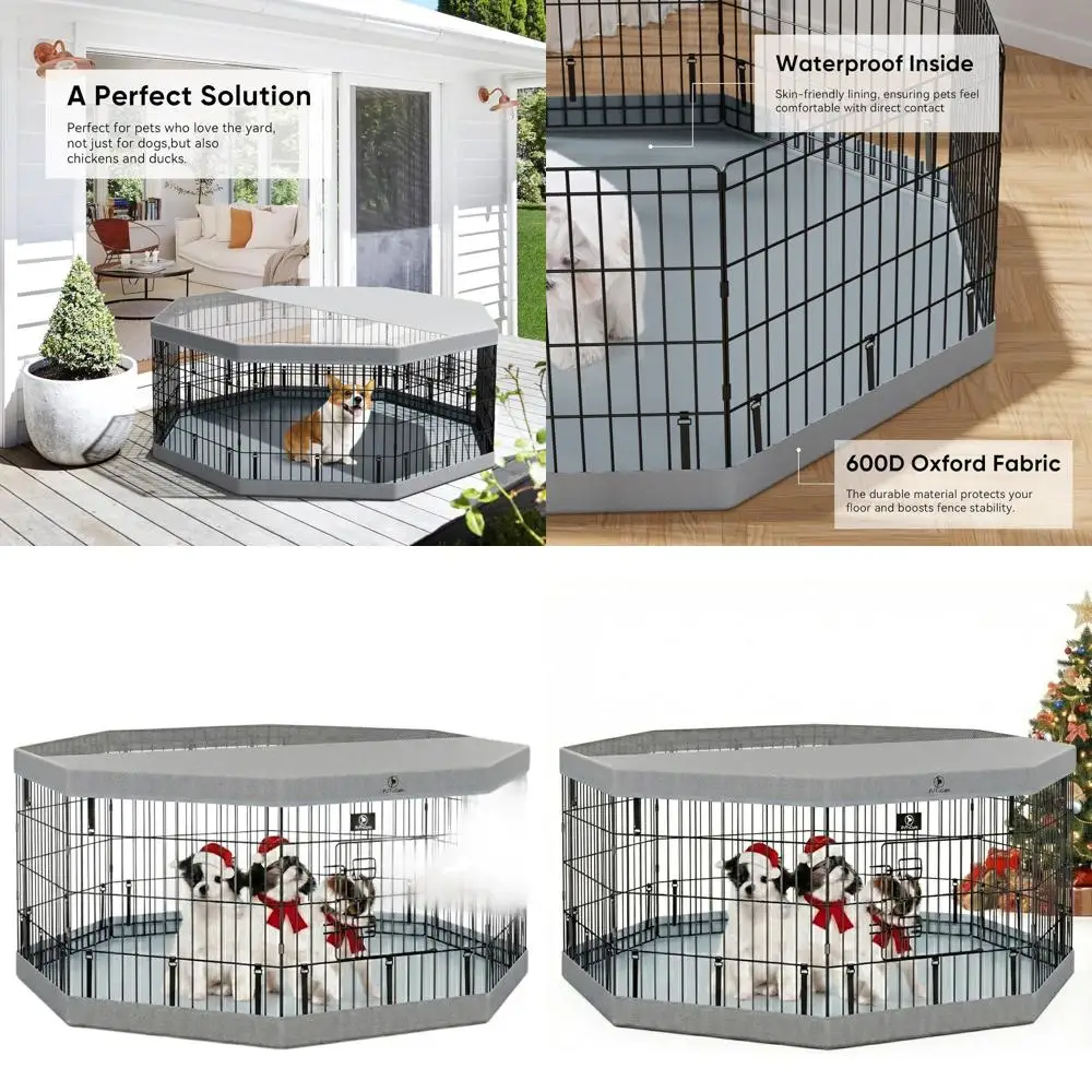 

Складной 8-панельный манеж для собак 24H серого цвета с нижним матом и верхним чехлом для использования в помещении - подходит для мелких и средних домашних животных