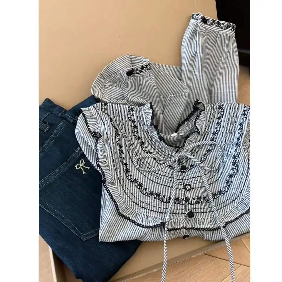 

Gagaich French Retro Striped Shirt Women Spring Summer 2025 Unique Versatile Design Unique Versatile Long Sleeved Top