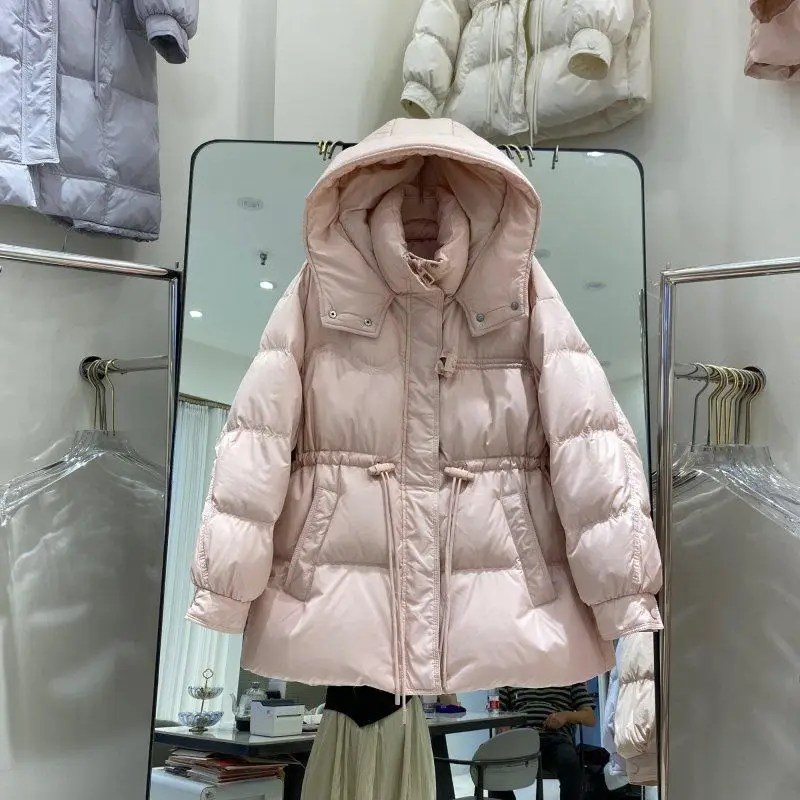 冬の新作レディースダウンジャケット、ゆったりとしたフード付き、レースアップ、ホワイトダックダウンジャケット