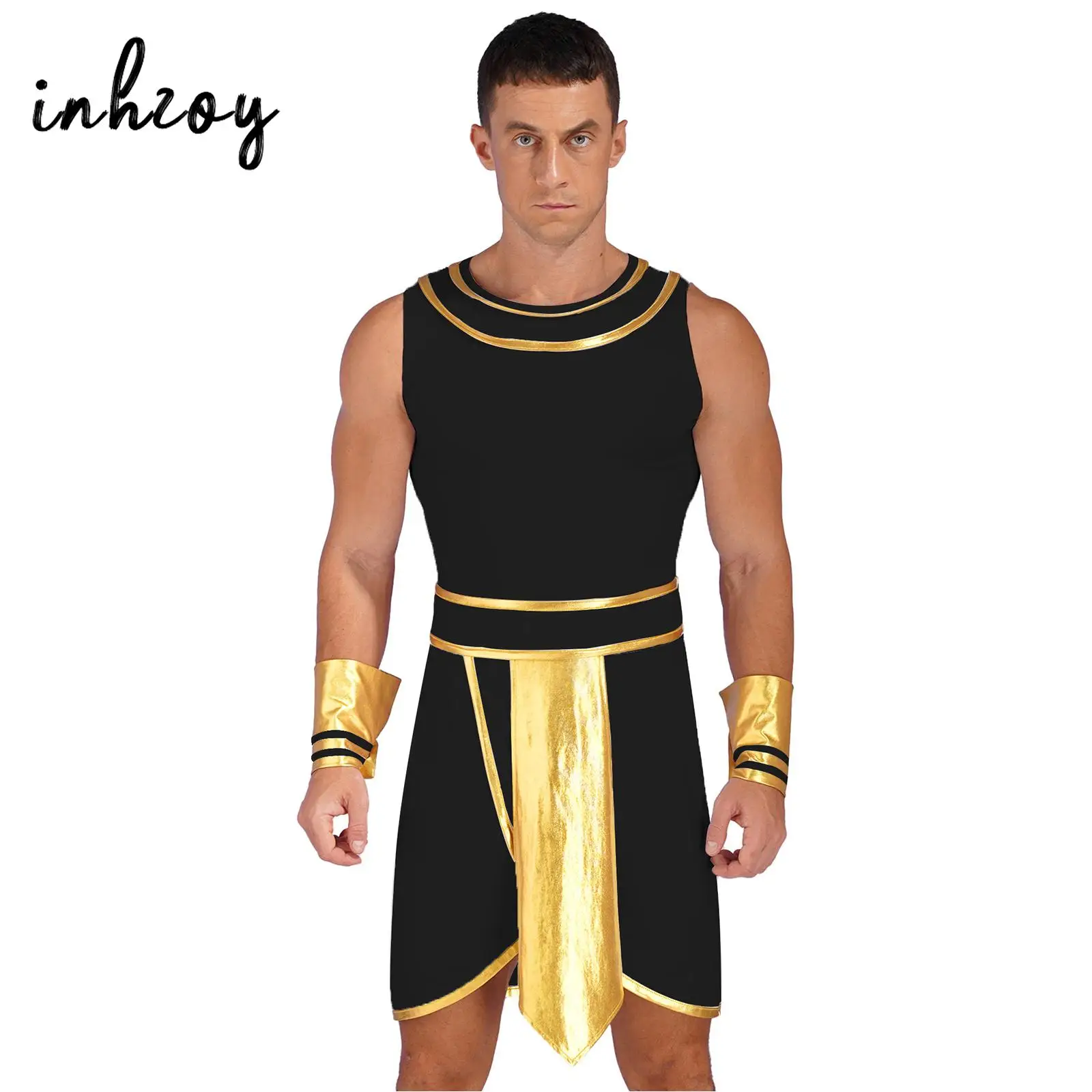 Männer Halloween ägyptischen Pharao Kostüm Cosplay Party alten Ägypten Kleidung Rollenspiel Outfit Kontrast farbe Kleid und Manschette Hut