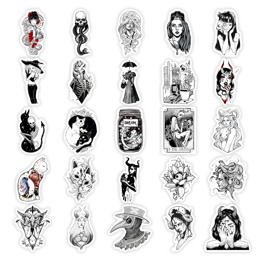 10/25/50Pcs Vintage Gothic Style Black and White Stickers Cool Art Style Waterproof PVC DIY Laptop Luggage Guitar Skateboard