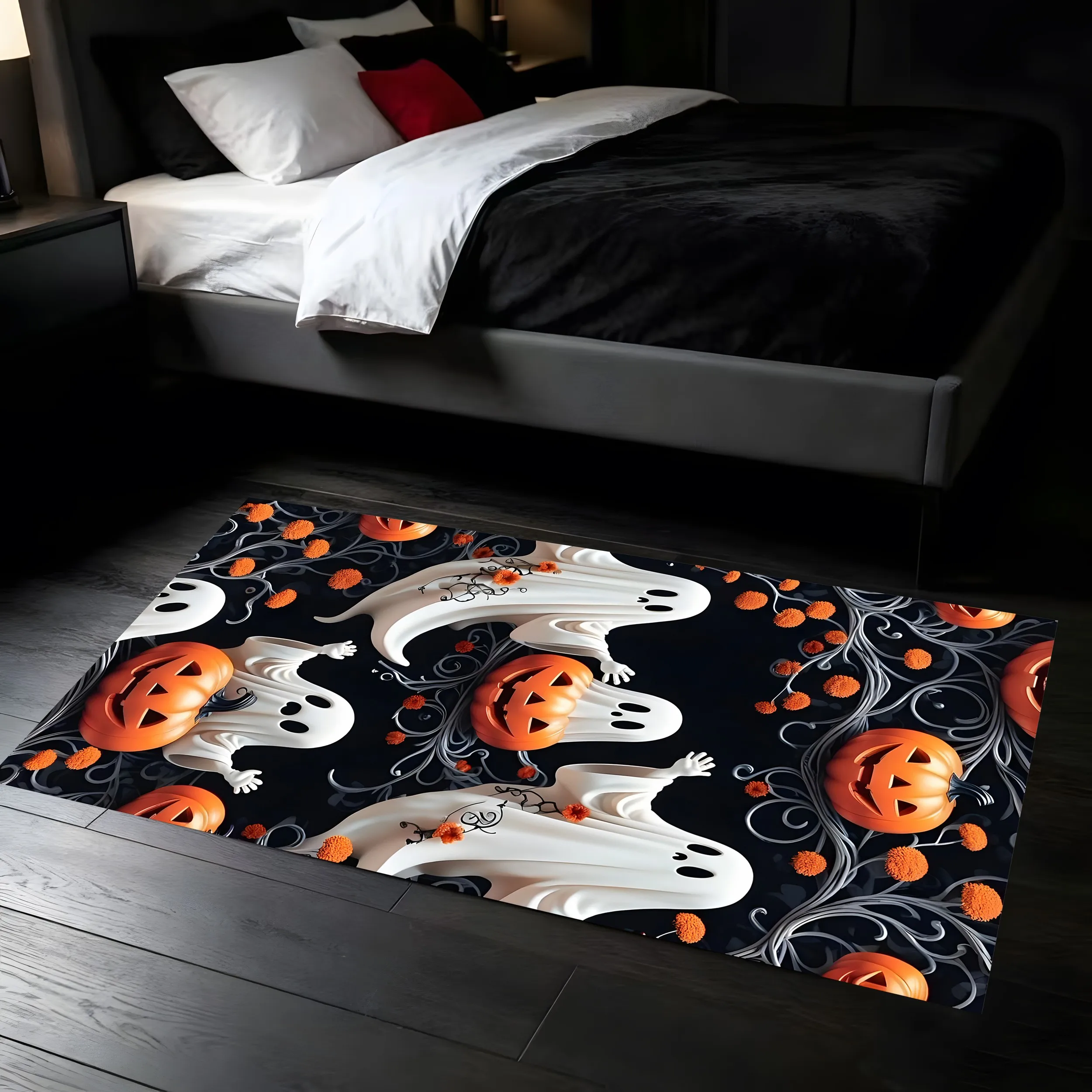Velvet Ghost Pumpkin Funky 2D Rug for Living Room and Bedroom Holiday Decor, Halloween Warm