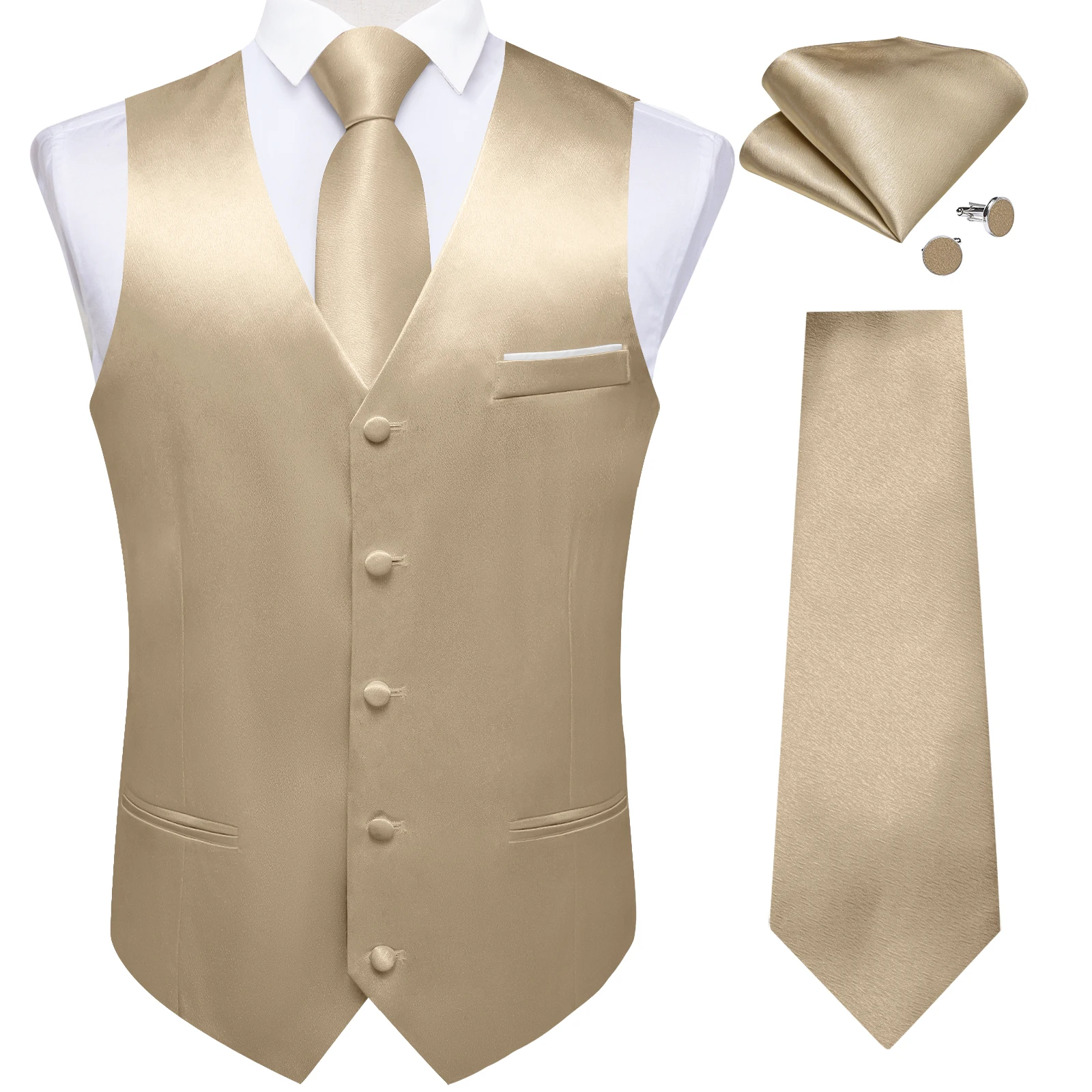 4Pcs Men\'s Champagne Satin Solid Suit Vest with 8cm Neck Tie Handkerchief Cufflinks for Wedding Prom Groom Waistcoat Clothing