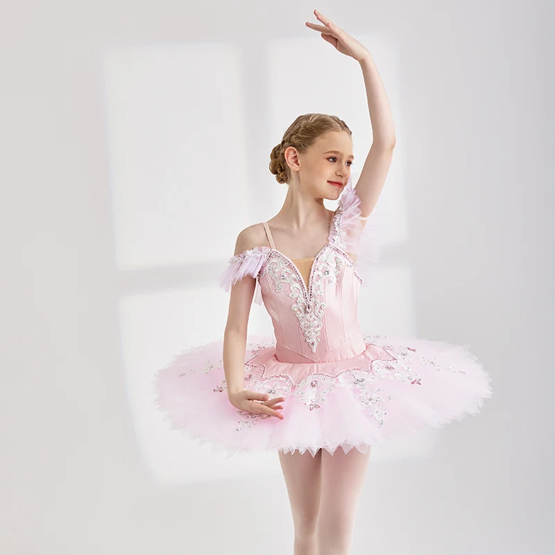 Womens Sheer Tulle Flutter Sleeve V Neck Ballet Tutu Performance Dress Silver White Scroll Rhinestone Embroidery Octagon Trim Li