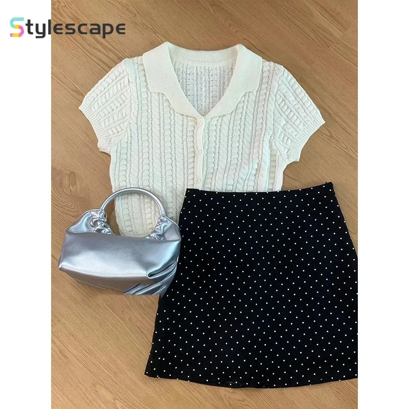 Sweet Korean Knitted Hollow Short Sleeved Top Set for Women's Summer New High Waist Slimming Wave Dotted Half Skirt Set