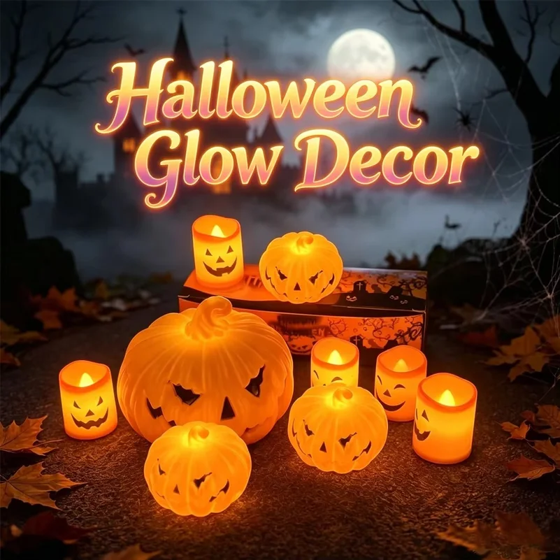 Flameless LED Pumpkin Candle Lights, Warm Light Jack O Lantern Halloween Decor, Indoor Outdoor Spooky Party Atmosphere Lamp