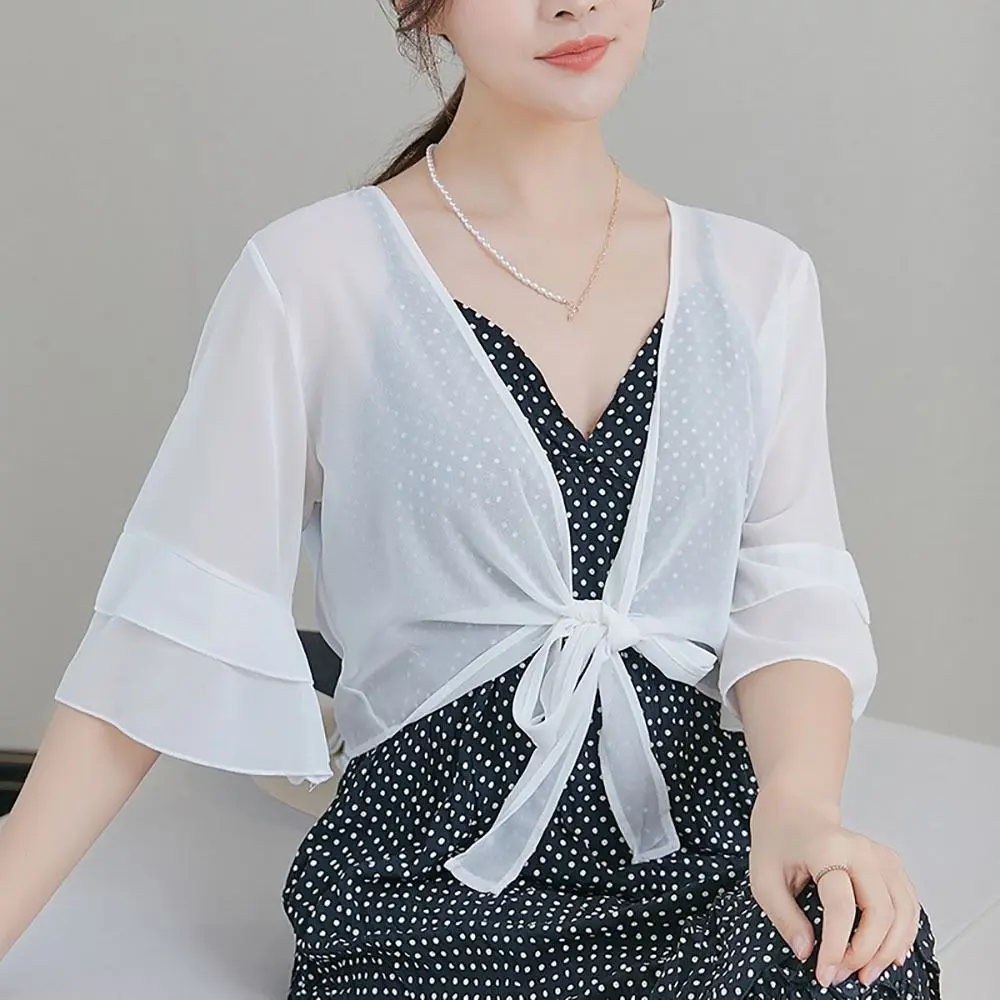 Pagoda Sleeve Chiffon Small Shawl Jacket Transparent Lace Up Chiffon Cardigan Shirt Thin Beachwear Sun Protection Cardigan Tops