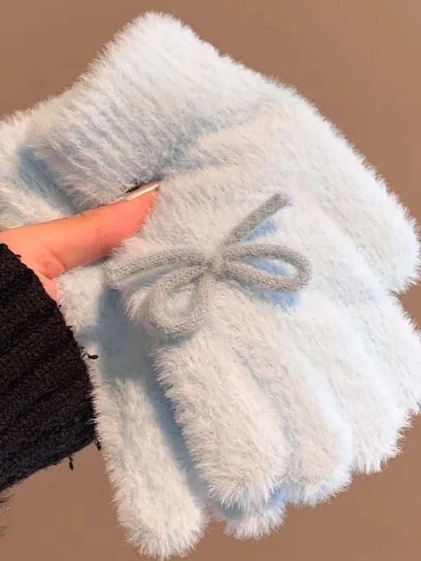 Korean Style Cute Blue Bow Knot Plush Gloves Women's Winter Fleece Lined Warm Anti-Cold Separate Finger Fluffy Gloves