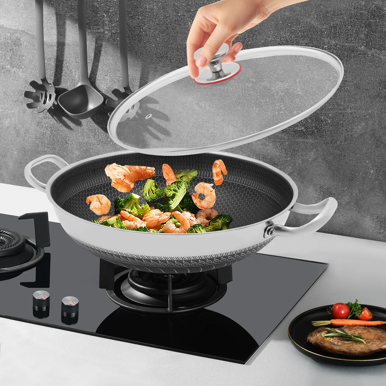 Silver 410 Stainless Steel Cooking Pan, Modern Frying Pan home application