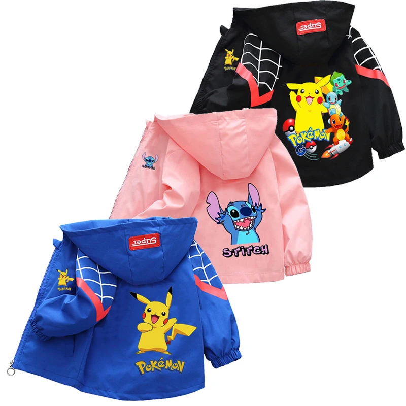 

Pokemon Hooded Jackets Girls Boys 2025 Spring Autumn Sports Coats 1-10 Years Children Pikachu Cartoon Outerwear Casual Clothes