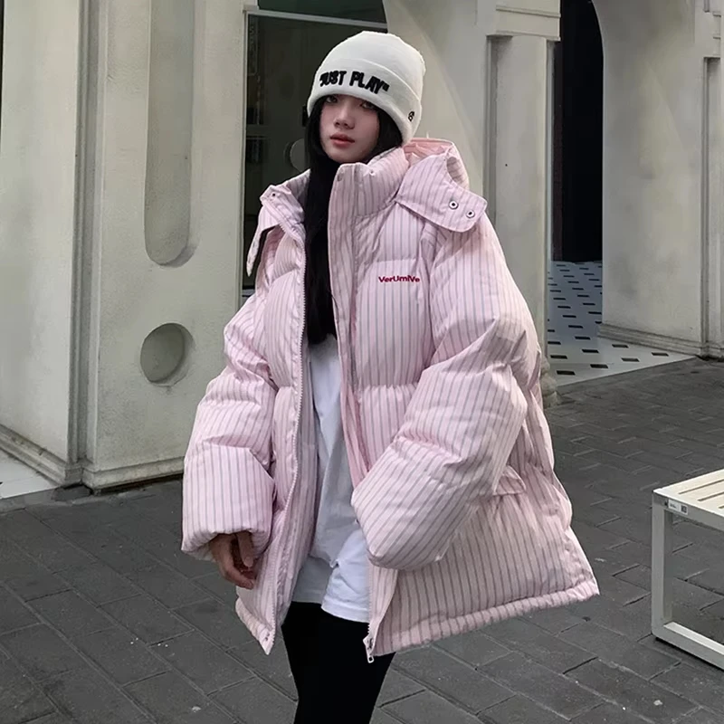 

Overcoat New Fashion Temperament Striped Warm Hooded Women's Quilted Cotton Coat Winter Loose Casual Women Cotton Coat