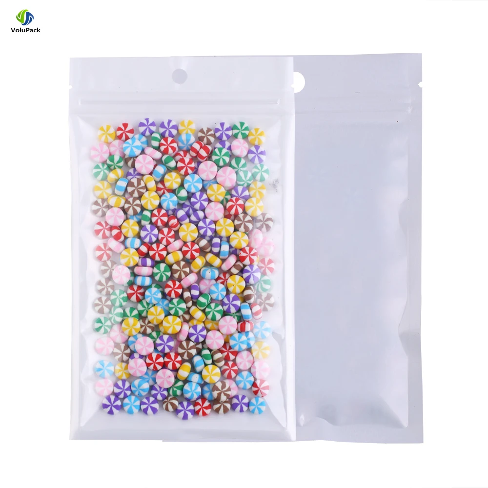 100pcs Glossy White Flat Bottom Mylar Plastic Bags Smell Proof Heat Sealable One Side Clear Zipper Bone Self-sealing Pouches