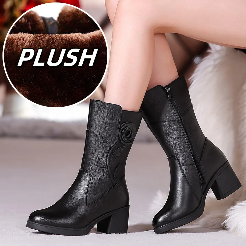 WOIZGIC Women\'s Female Ladies Mother Genuine Leather Mid Calf Boots Shoes Warm Fur Plush Winter Zipper Flower Commute Non-Slip