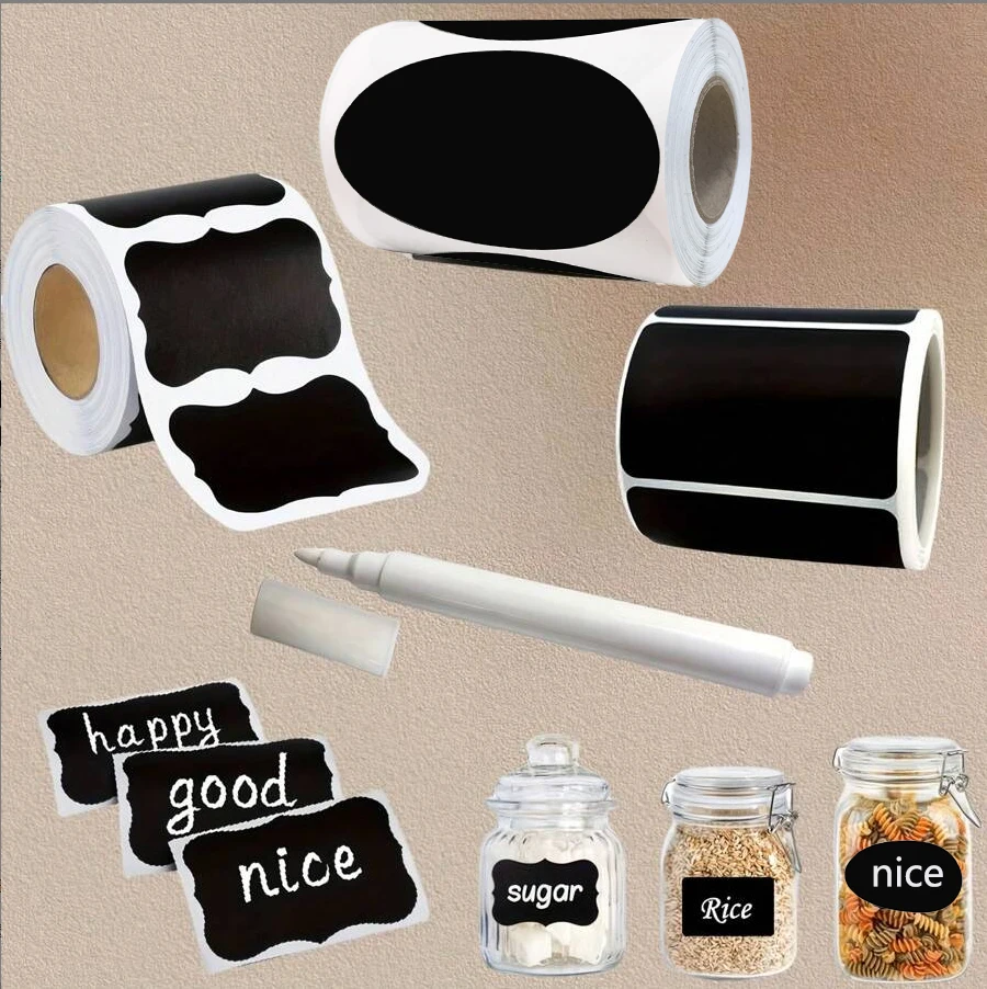 120 Uds. Etiquetas adhesivas impermeables reutilizables negras, patrón de ondas para contenedores de almacenamiento de alimentos de cocina, tarros, especias, alimentos, incluye
