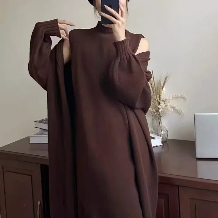 Gestricktes, solides Kleid-Set, ärmellos, knöchellang, Rollkragenpullover, Kleid, lockere Strickjacke, Oberbekleidung, High Street, Herbst 2025,