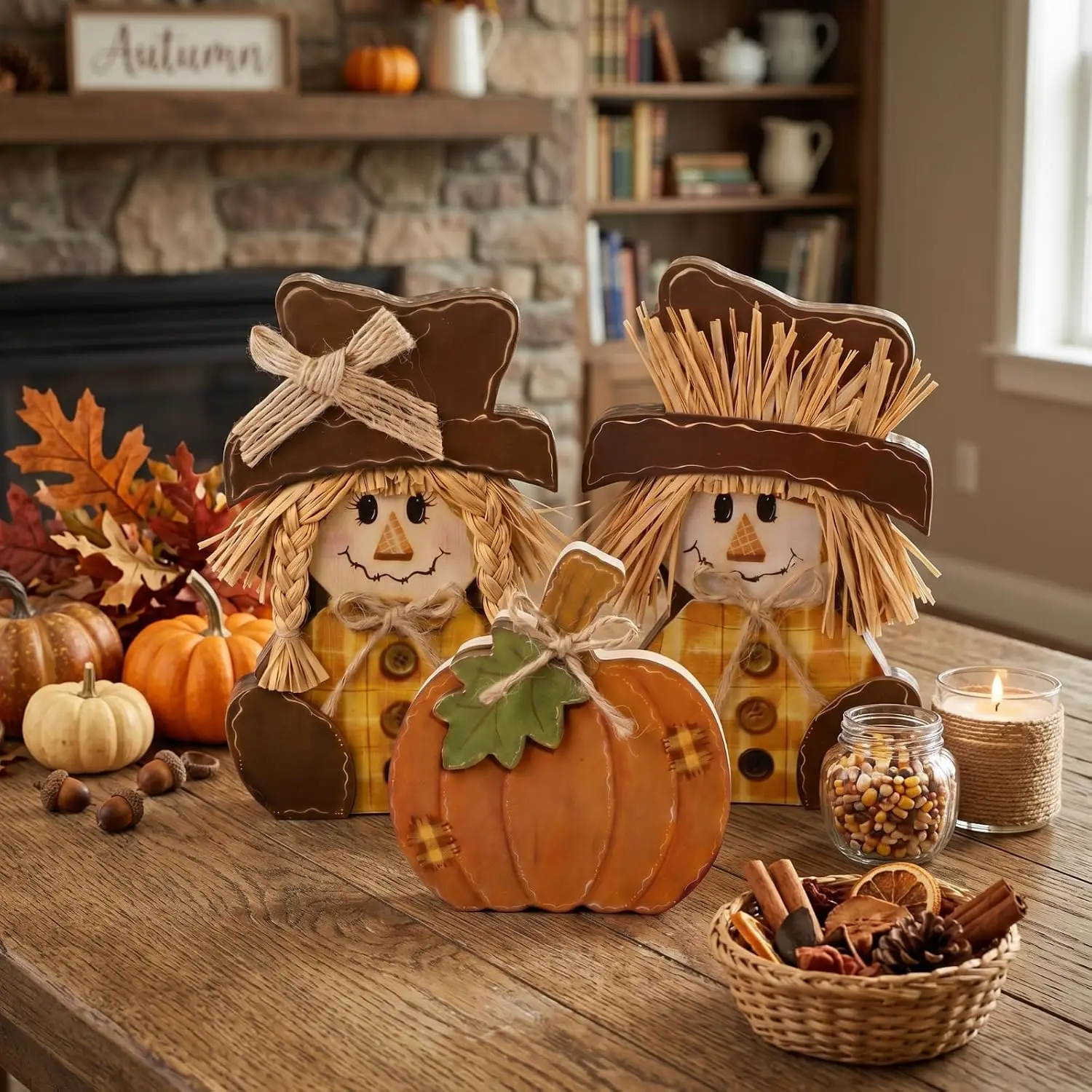 Rustic Fall Scarecrow Decorations 3 Pcs Farm Pumpkin Autumn Harvest Home Tabletop Decor Set