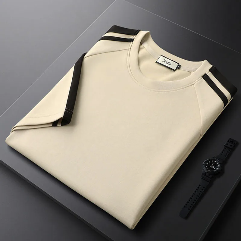 This summer short-sleeved men's side-striped round-neck casual sports T-shirt with high-quality chest embroidery looks cool