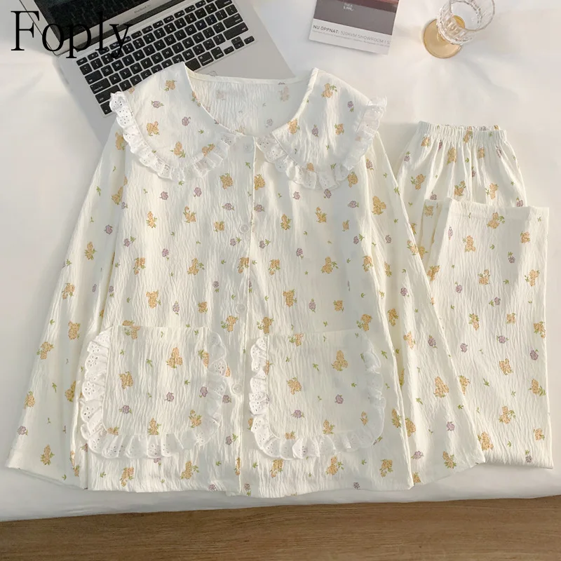 

Floral Cute Woman Pajama Set Spring Summer 2 Piece Clouds Cotton Pyjama Sleepwear Long Sleeve Pants Pijama Mujer Pjs Loungewear