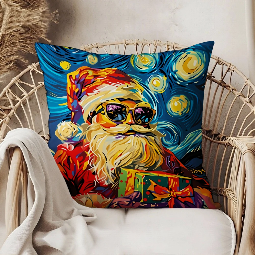 Square Throw Pillow Case Multicolor Cool Santa Claus With Sunglasses And Gift Box Starry Night Sky Print For Living Room Sofa Be