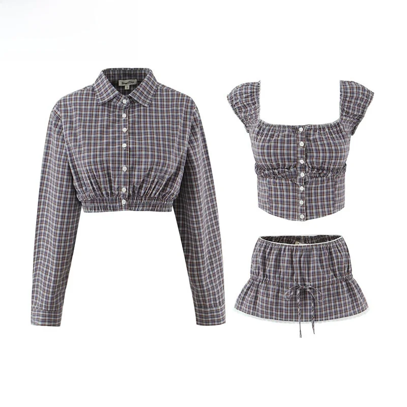 

Осенний новый женский клетчатый комплект из юбки с длинным светом и поясом Ne с низкой талией, весенний костюм-футболка Faion
