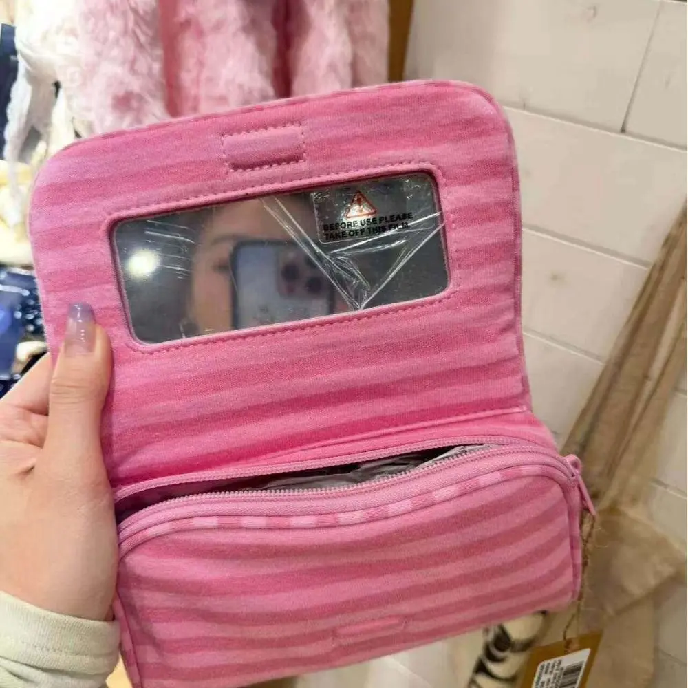 Portable Canvas Polka Dot Cosmetic Bag Large Capacity Stripe Jewelry Storage Bag Simple with Makeup Mirror Travel Organizer Bag
