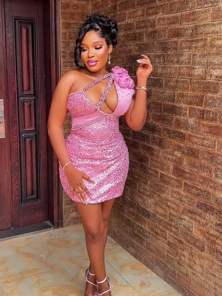 Custom  Sexy Pink One Shoulder 3D Flower Mini Dress Shiny Water Diamond Tight Ball Dress Plus Size African Birthday Party Dress