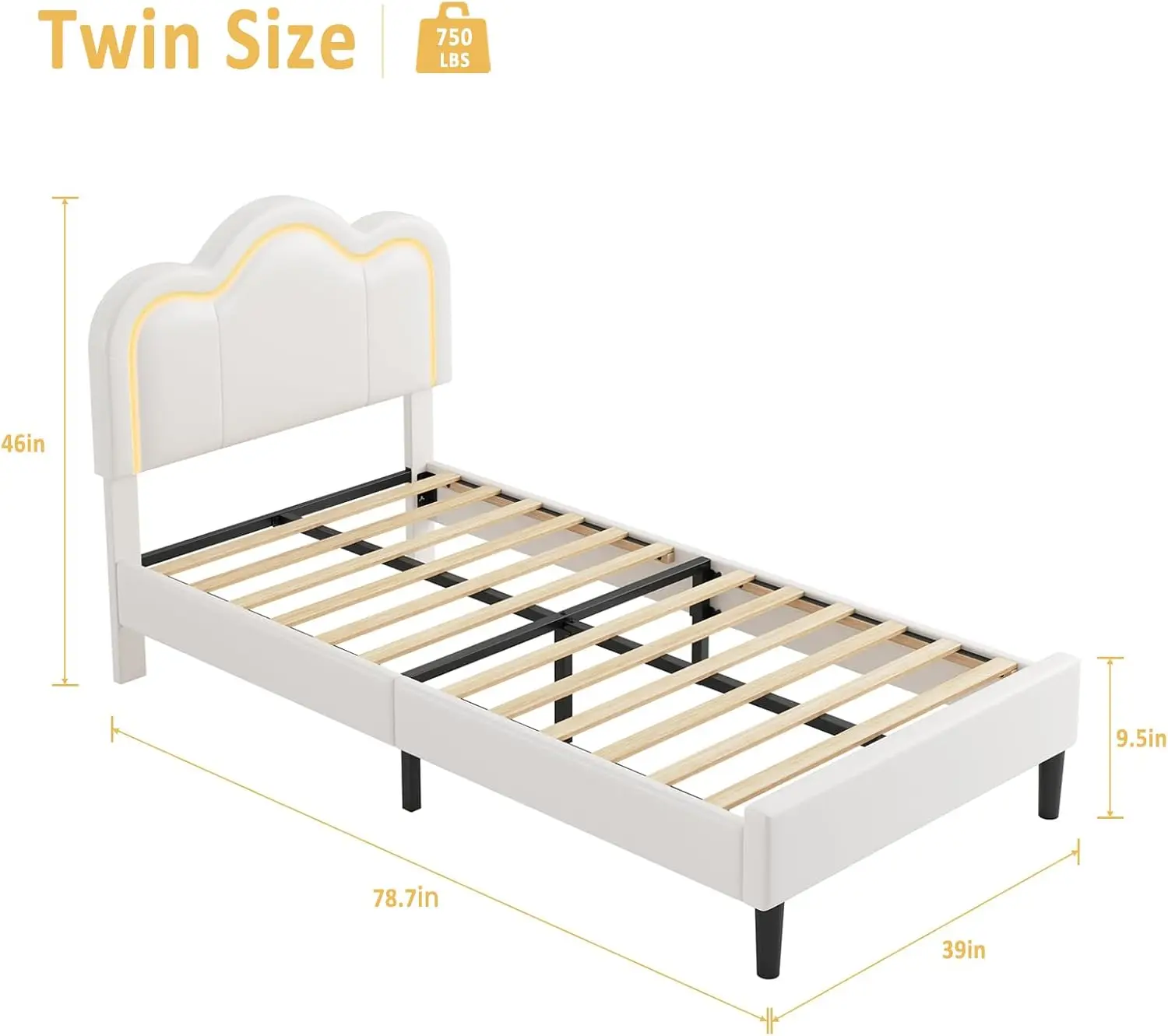 Upholstered Twin Smart LED Bed Frame Headboard PU Leather Princess Platform Bed Kids Wooden Slats Support Vanilla