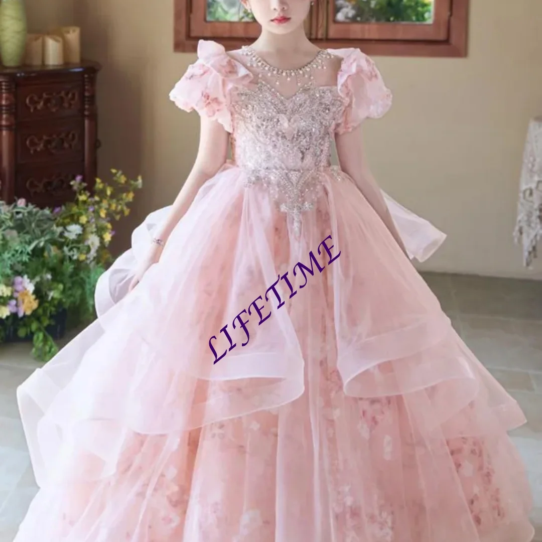 Aangepaste Roze Meisjes Tutu Prinses Jurk Verjaardagsfeestje Kostuum Bruiloft Bloemenmeisje Kinderen Pageant Jurk Piano Prestaties Outf