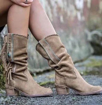 Autumn Bohemian Boots Women Ethnic Tassel Fringe Faux Suede Leather Mid half Boots Woman Square Heel Shoe Booties rtg5