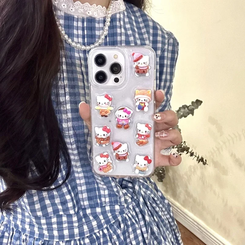 3D Cute Cartoon Sanrio Hello Kitty Stereoscopic Phone Case For iPhone 15 Pro 14 13 12 11 Pro Max Transparent Soft TPU Cover