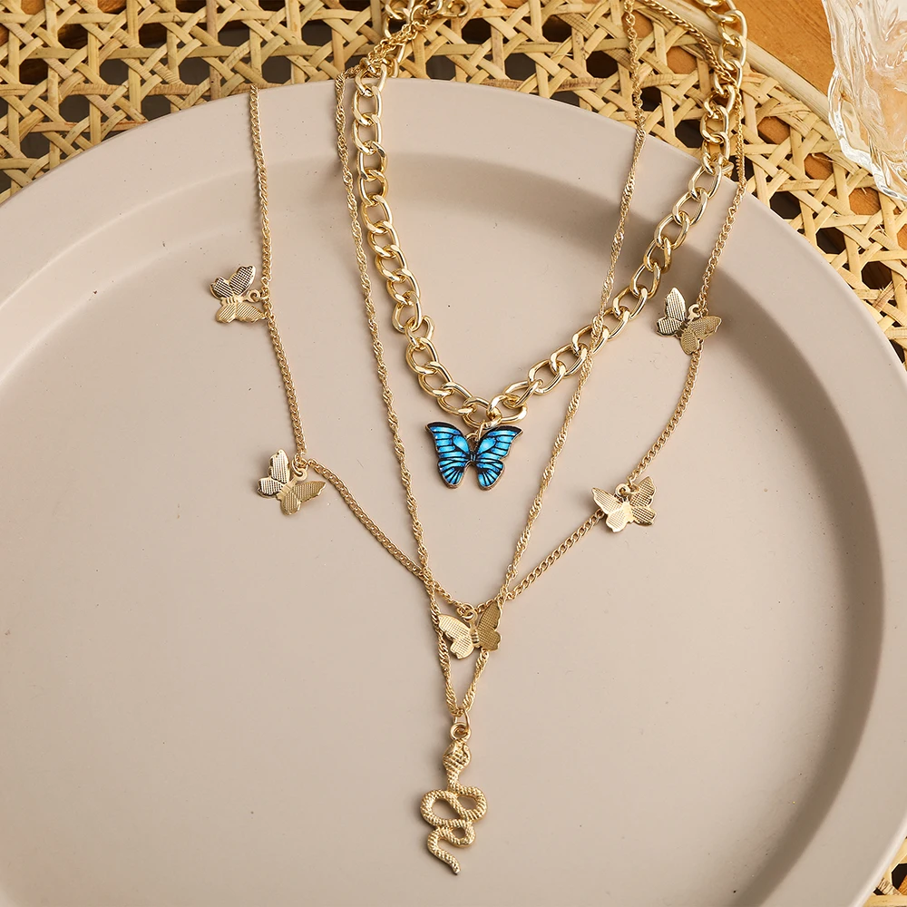 2022 New Creative Simple Temperament Women\'s Necklace Lovely Atmosphere Blue Butterfly Snake Necklace 3-piece Set