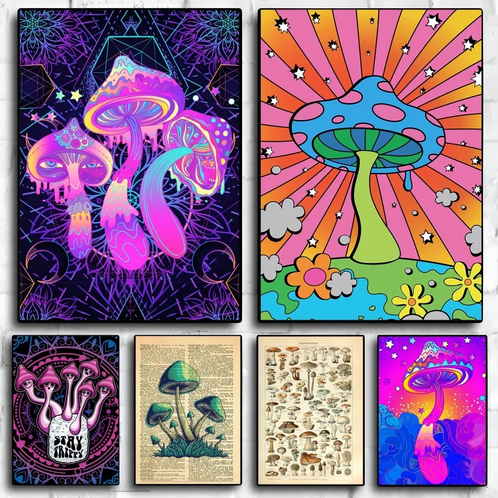 1PC Psychedelic Mushrooms Poster Self-adhesive Art Waterproof Paper Sticker Coffee House Bar Room Wall Decor