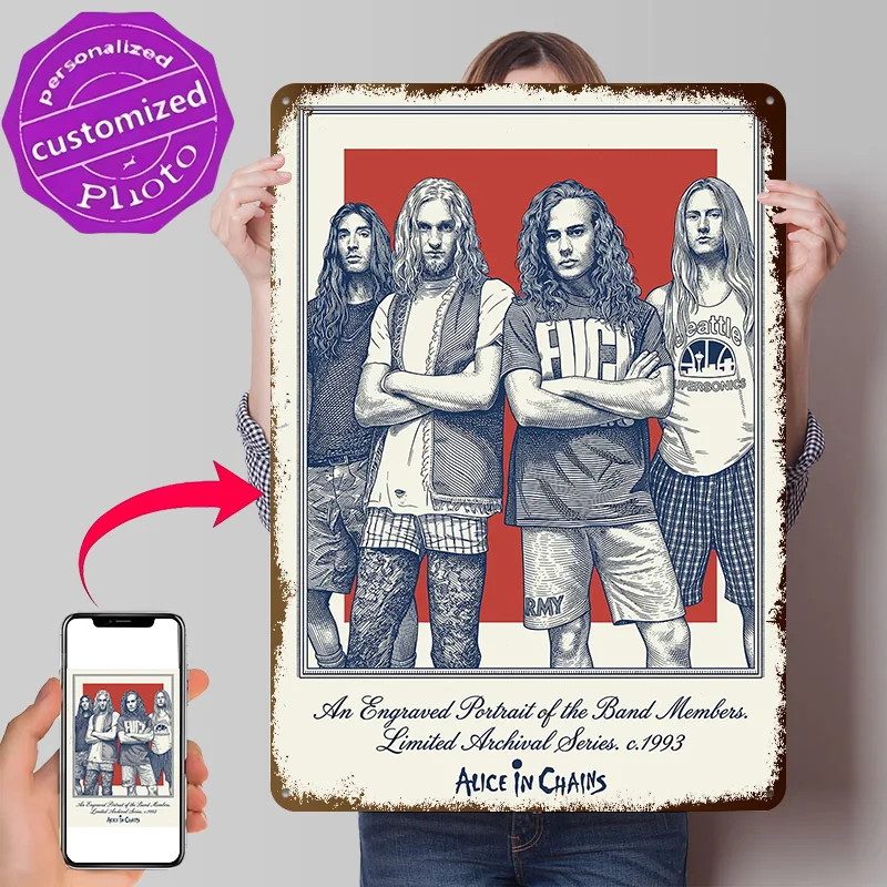 Alice in Chains Engraved Portrait Personalized 3D Textured Metal Poster Wall Art Vintage Tin Signs for Luxury Home Decor Items