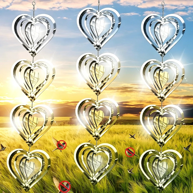 

3D Rotating Bird Repellent Stainless Steel Rotating Round Heart Wind Spinner for Garden Decorative Birdproofing Reflectors Birds