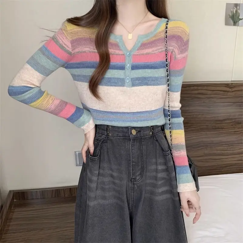 Women Trendy Striped Patchwork Chic Sweet Knitwear Spring Autumn Casual Round Neck Long Sleeve Pullover Tops Female Slim Jumpers