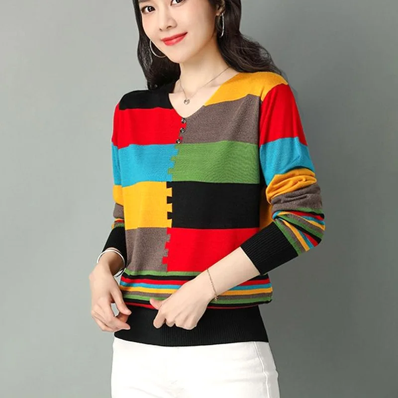 Retalhos de algodão feminino com estampa gola v, camiseta comprida, blusa casual, moda que combina com tudo, roupas para primavera e outono