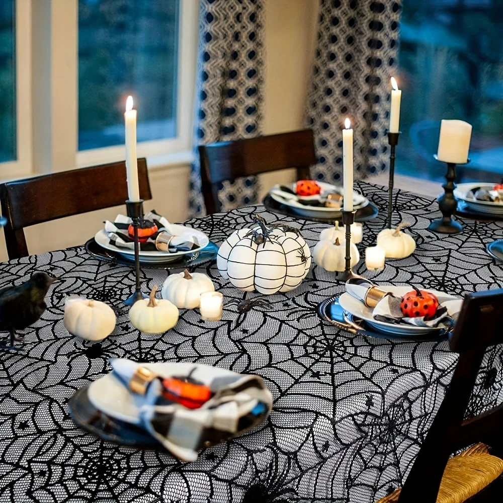 Halloween,Chrismas,Black Lace Spiderweb Tablecloth - Halloween Cobweb Decor with Spiders