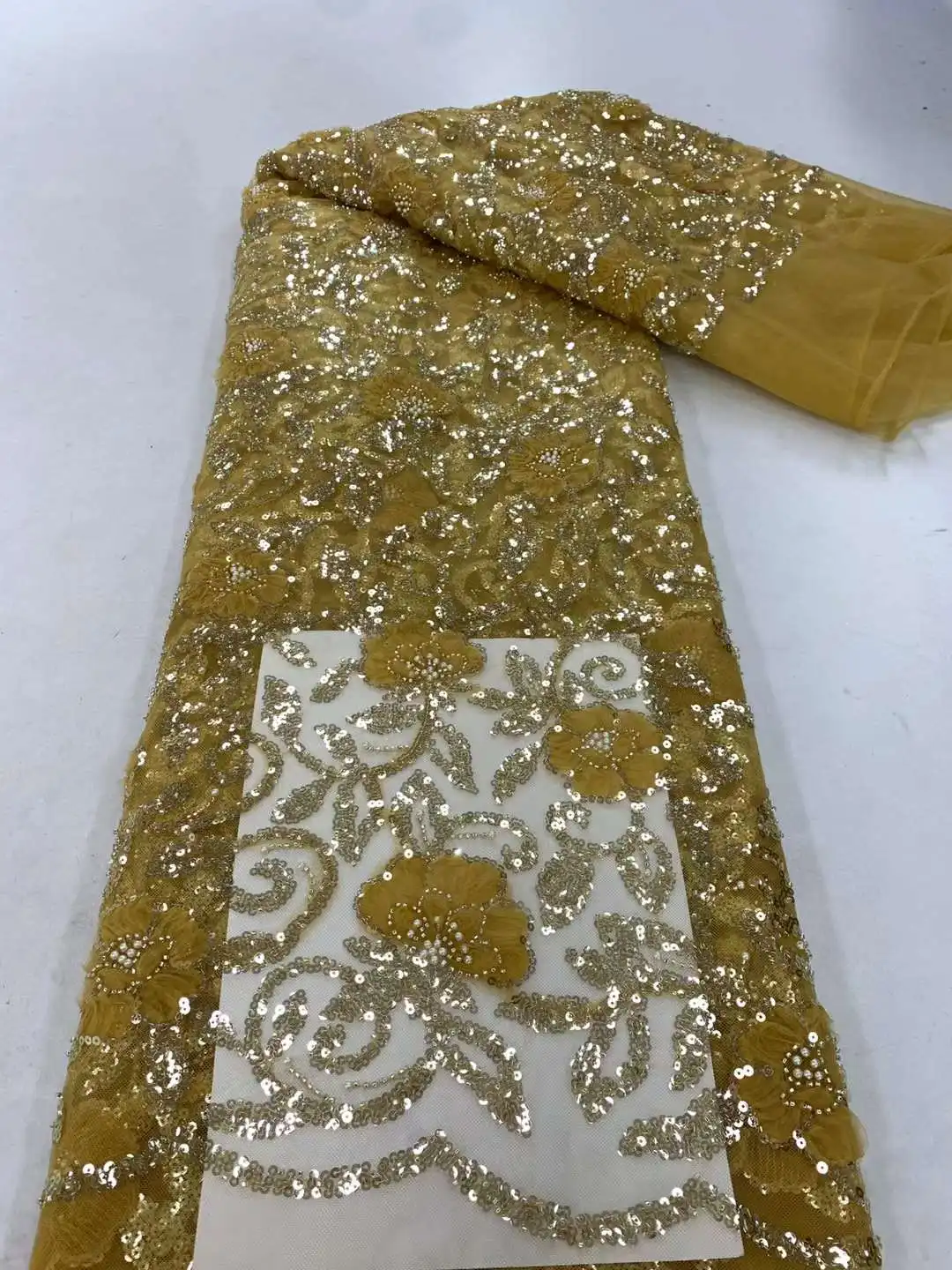 Gold Color Heavy Lace Fabric Tube Beaded Material French Nigerian Shinny Sequins 24-62205 Embroidered Lady Show or Party Dress