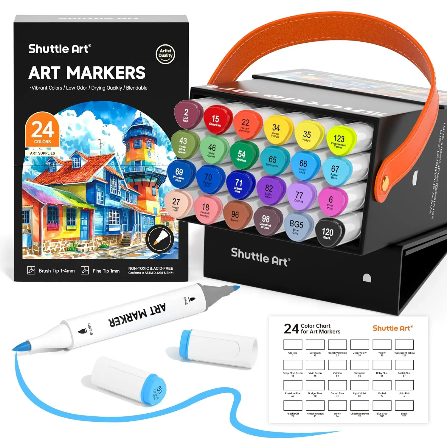 Illustration Alcohol Twin Tip with Carrying Perfect for Coloring Art Adults Gift Markers 24-Color Set Brush-Type Markers
