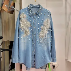 Spring/Summer Women Flowers Embroidery Beaded Denim Shirts Medium Length Pearls Beaded Jeans Blouses Turn Down Collar Cardigan