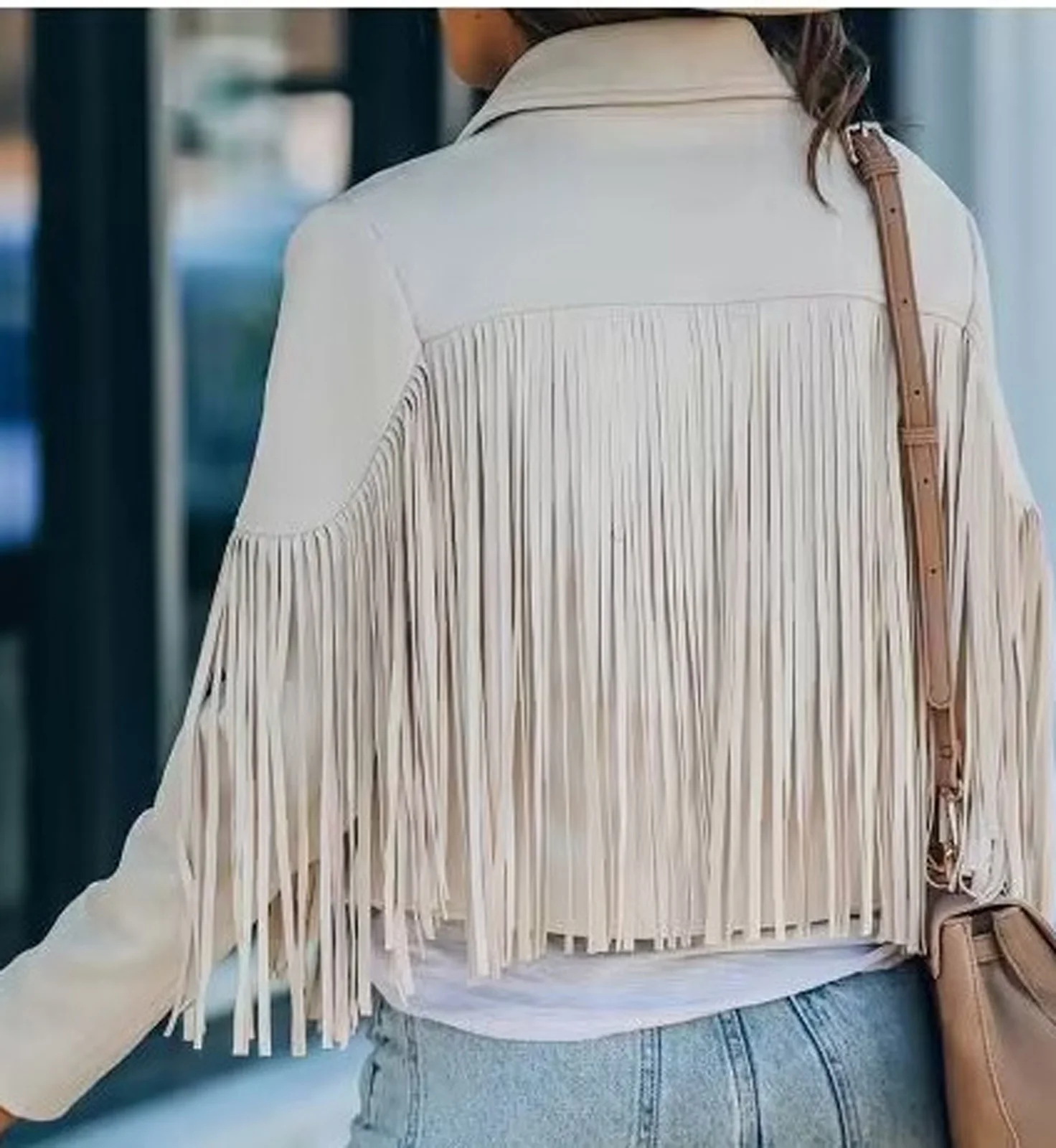 Vintage Faux Suede Leather Jacket Women Cropped Bomber Moto Biker Style Long Sleeve Lapel Fringe Tassel Cardigan Outwear Trendy
